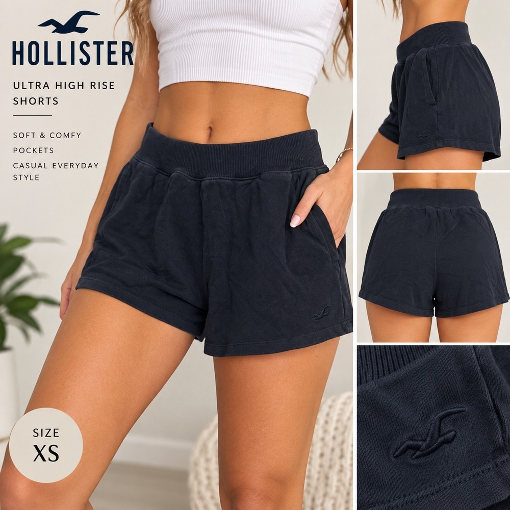 Hollister Ultra High Rise Shorts Womens XS Black Fleece Pockets Loungewear